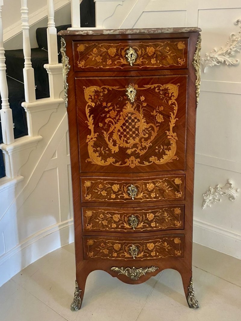 Antique Victorian French Quality Kingwood Marquetry Inlaid Marble Top Bombe Shaped Secretaire Chest - Image 2